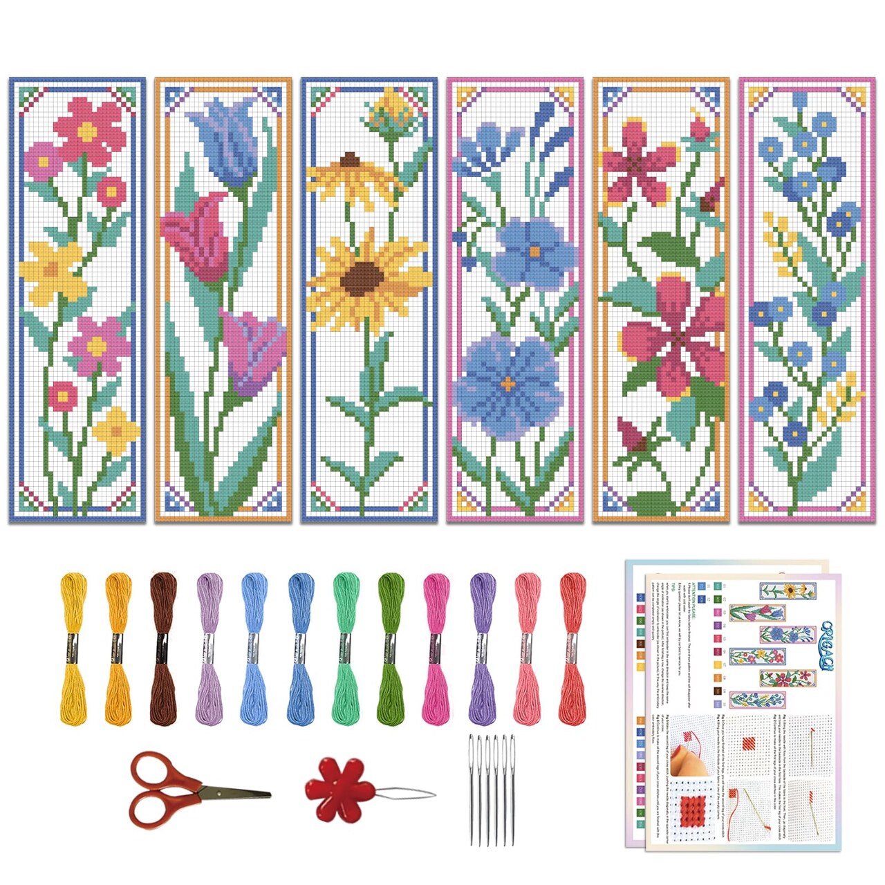 6 Pcs Flower Cross Stitch Bookmark Kit for Beginner with Backing Felt Floss Instruction Sunflowers Tulip DIY Stamped Embroidery Bookmark Kit for Starter Adults Book Lovers